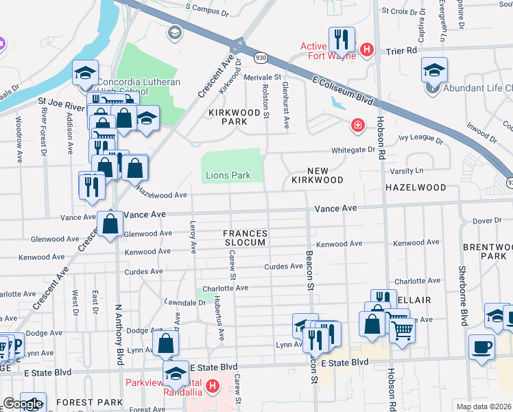 map of restaurants, bars, coffee shops, grocery stores, and more near 2509 Vance Ave in Fort Wayne