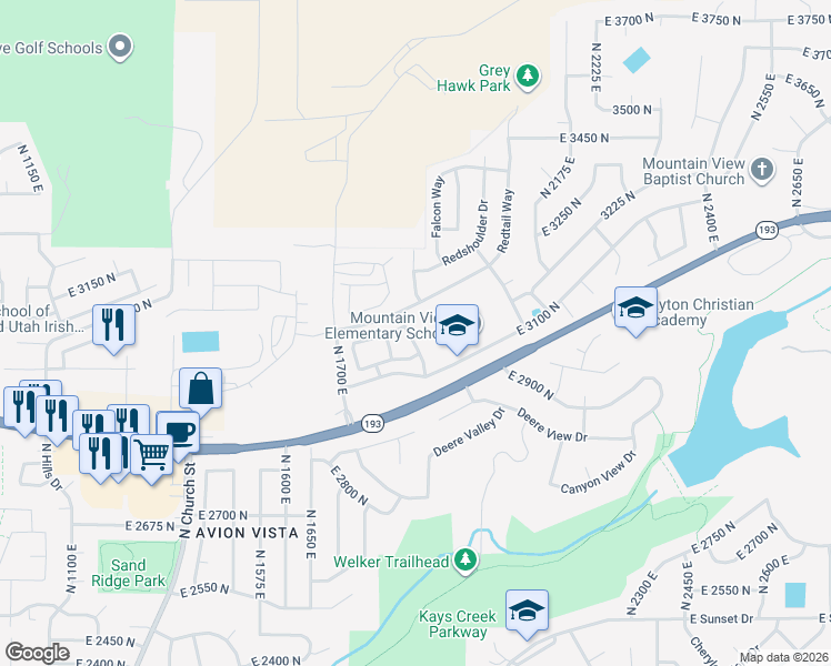 map of restaurants, bars, coffee shops, grocery stores, and more near 3170 Whitetail Drive in Layton