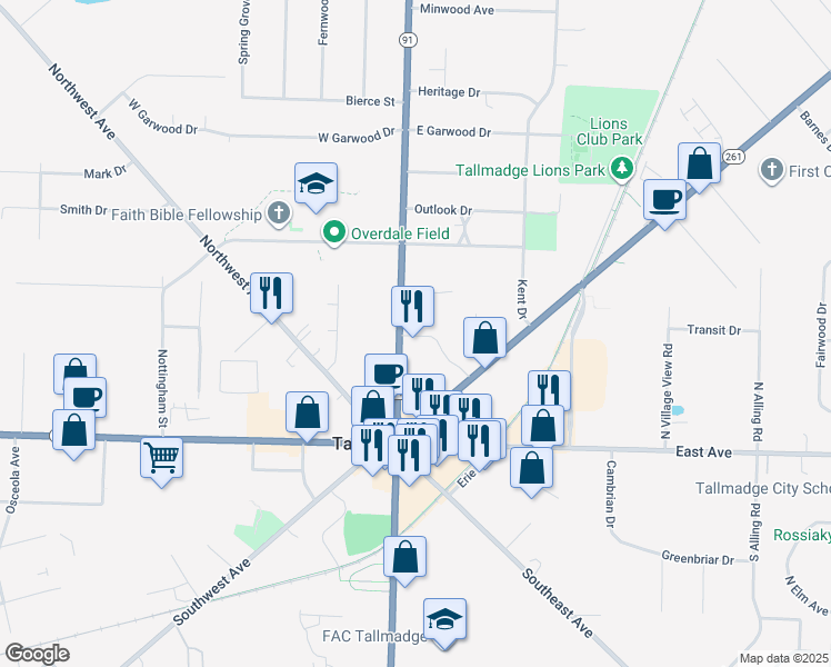 map of restaurants, bars, coffee shops, grocery stores, and more near 76 North Avenue in Tallmadge