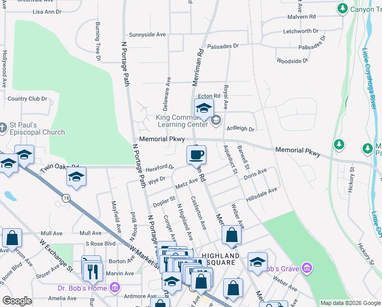map of restaurants, bars, coffee shops, grocery stores, and more near 470 Merriman Road in Akron