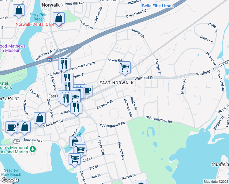 map of restaurants, bars, coffee shops, grocery stores, and more near 41 Melrose Avenue in Norwalk