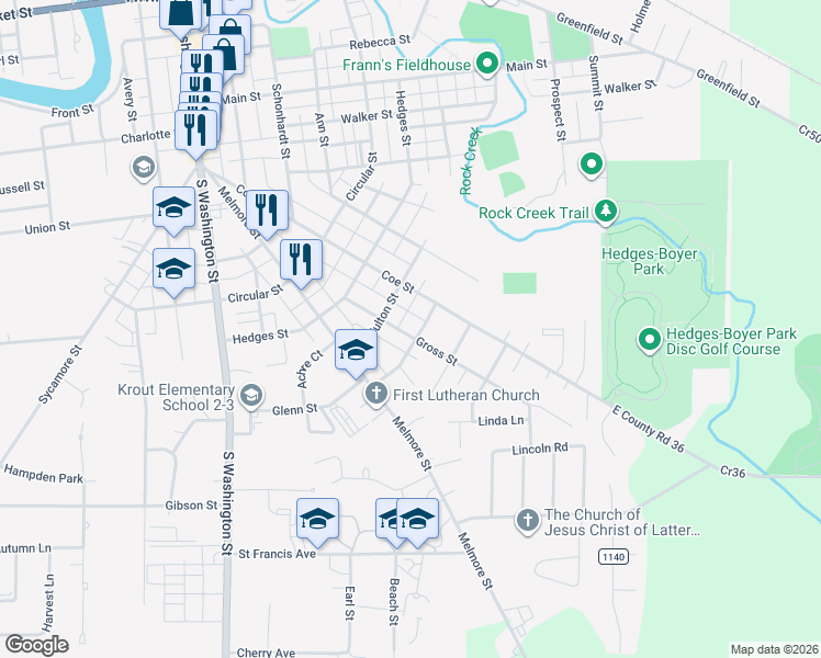 map of restaurants, bars, coffee shops, grocery stores, and more near 75 Gross Street in Tiffin