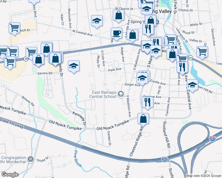 map of restaurants, bars, coffee shops, grocery stores, and more near 112 Rock Hill Road in Spring Valley