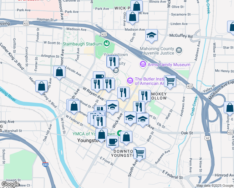 map of restaurants, bars, coffee shops, grocery stores, and more near 124 Lincoln Avenue in Youngstown
