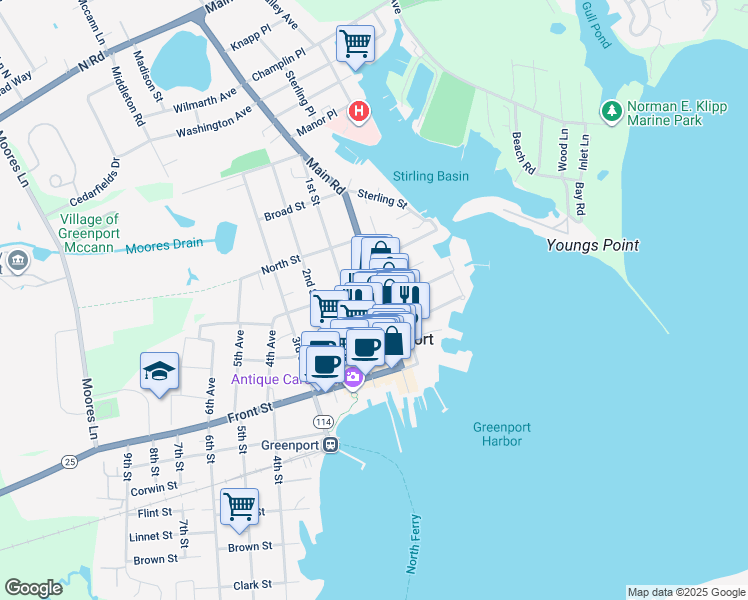 map of restaurants, bars, coffee shops, grocery stores, and more near 441 Main Street in Greenport