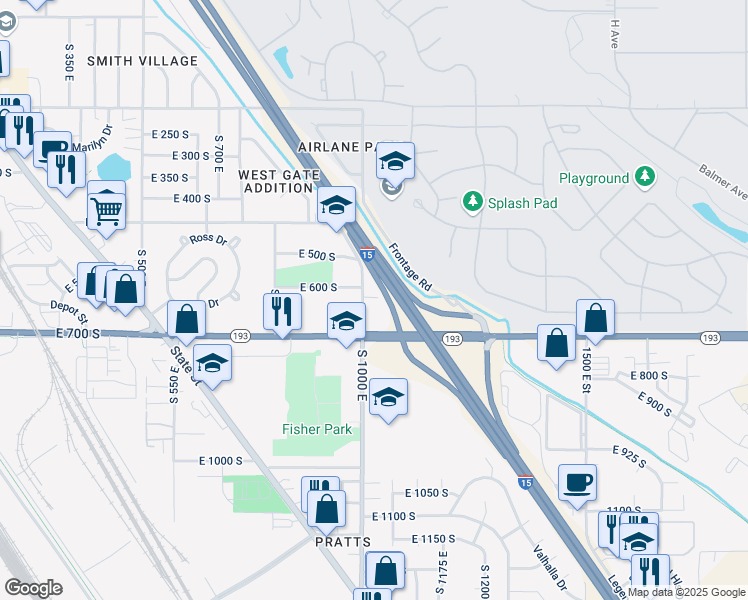 map of restaurants, bars, coffee shops, grocery stores, and more near 627 South 1000 East in Clearfield