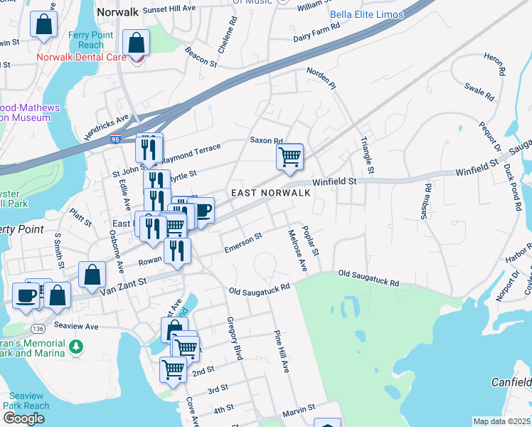 map of restaurants, bars, coffee shops, grocery stores, and more near 41 Melrose Avenue in Norwalk