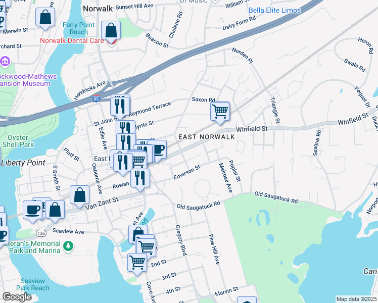 map of restaurants, bars, coffee shops, grocery stores, and more near 24 Russell Street in Norwalk