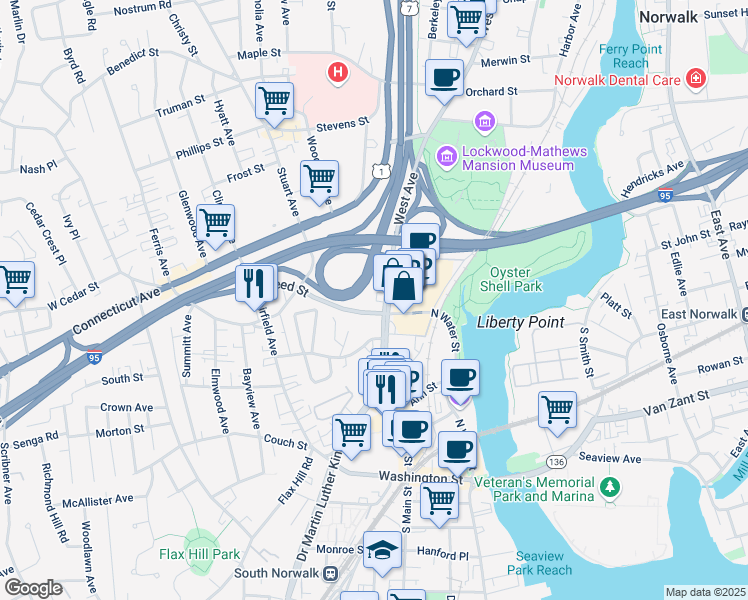 map of restaurants, bars, coffee shops, grocery stores, and more near 72 West Avenue in Norwalk