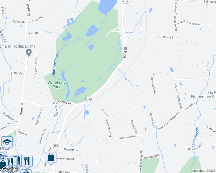 map of restaurants, bars, coffee shops, grocery stores, and more near 437 Hoyt Street in Darien