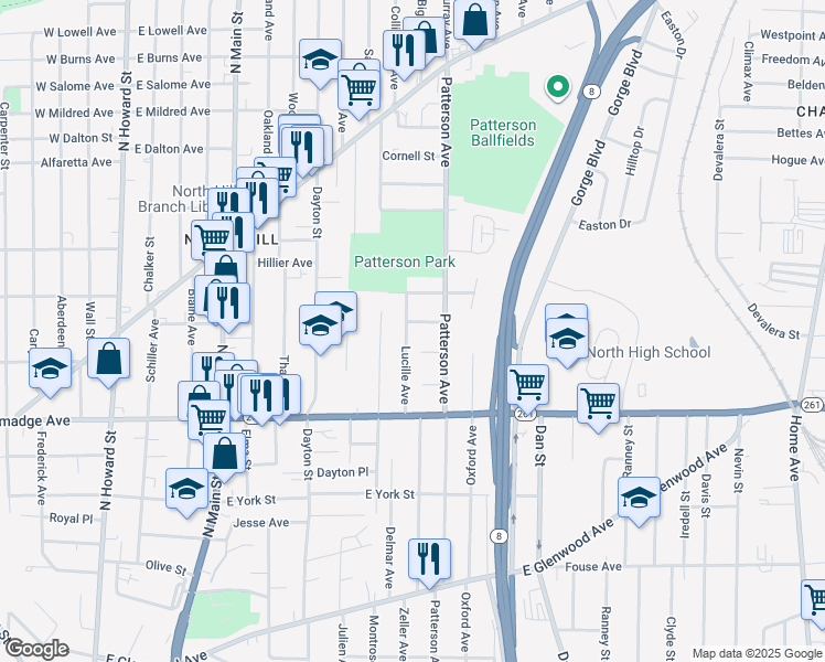 map of restaurants, bars, coffee shops, grocery stores, and more near 698 Lucille Avenue in Akron