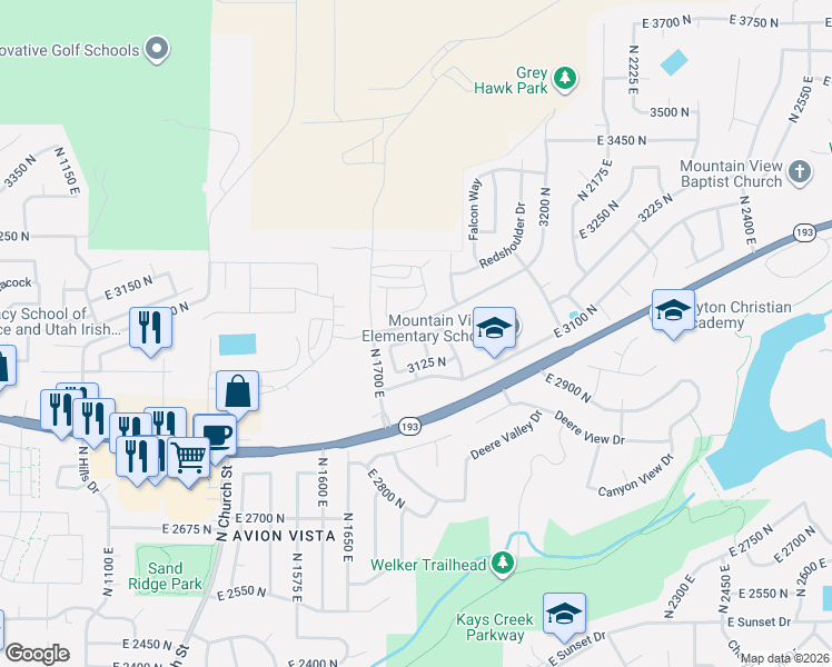 map of restaurants, bars, coffee shops, grocery stores, and more near 3188 Peregrine Way in Layton