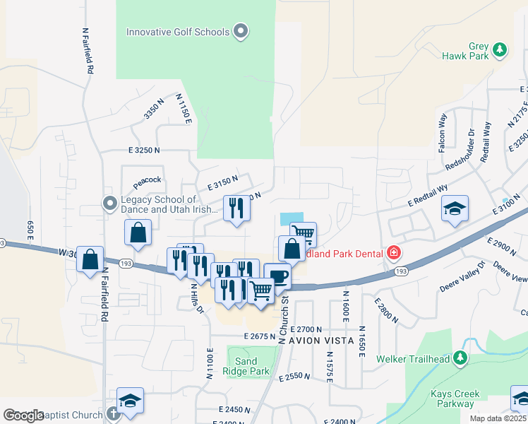 map of restaurants, bars, coffee shops, grocery stores, and more near 1392 East 3125 North in Layton