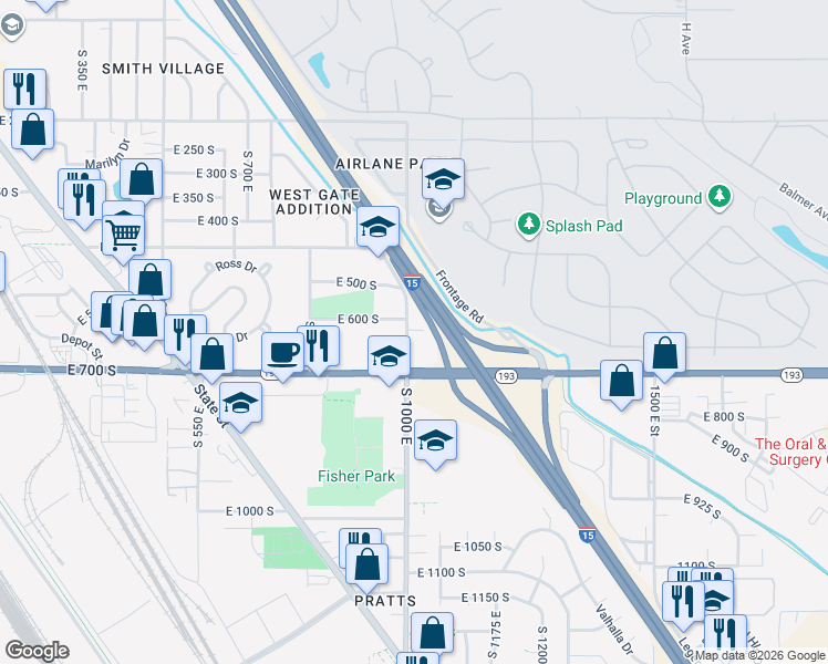 map of restaurants, bars, coffee shops, grocery stores, and more near 607 South 1000 East in Clearfield