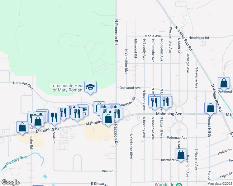 map of restaurants, bars, coffee shops, grocery stores, and more near 70 North Raccoon Road in Austintown