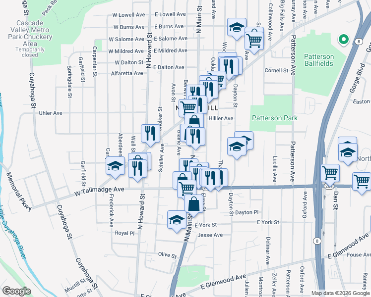 map of restaurants, bars, coffee shops, grocery stores, and more near 90 Frances Avenue in Akron