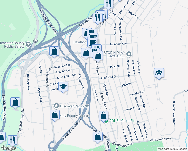 map of restaurants, bars, coffee shops, grocery stores, and more near 4 Milford Street in Hawthorne