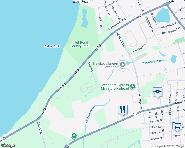 map of restaurants, bars, coffee shops, grocery stores, and more near Queen Street in Greenport