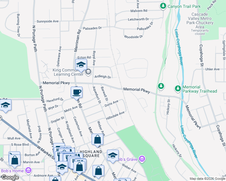 map of restaurants, bars, coffee shops, grocery stores, and more near 708 Memorial Parkway in Akron