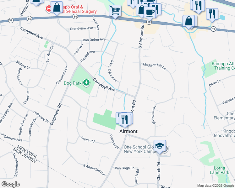 map of restaurants, bars, coffee shops, grocery stores, and more near 2 Sabin Drive in Airmont