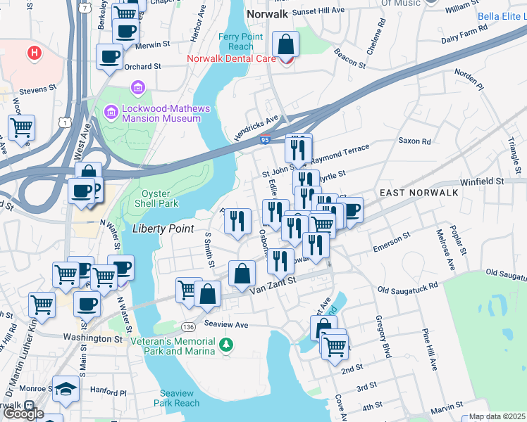 map of restaurants, bars, coffee shops, grocery stores, and more near 55 Osborne Avenue in Norwalk