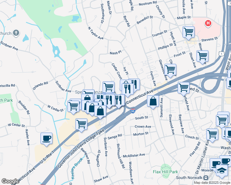map of restaurants, bars, coffee shops, grocery stores, and more near 151 West Cedar Street in Norwalk