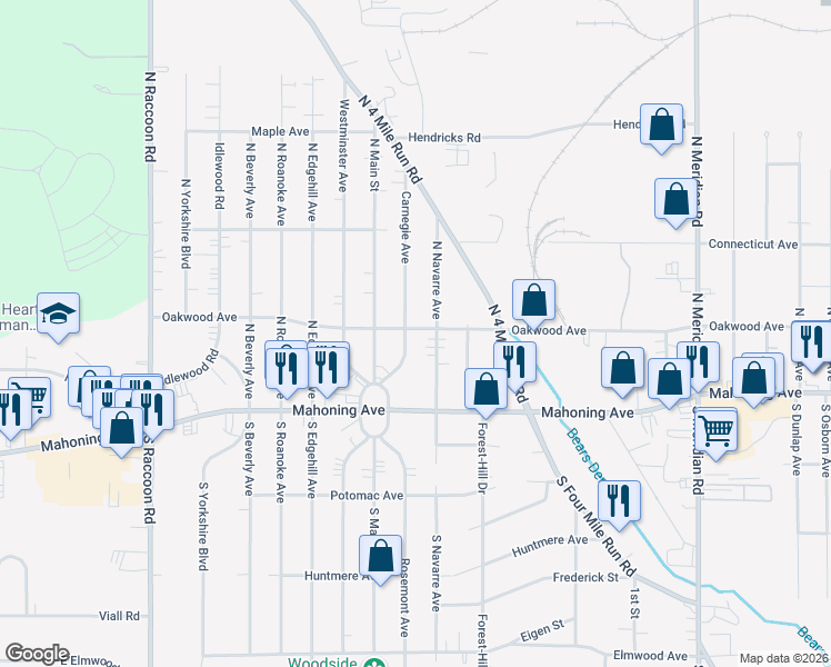 map of restaurants, bars, coffee shops, grocery stores, and more near 84 Carnegie Avenue in Youngstown