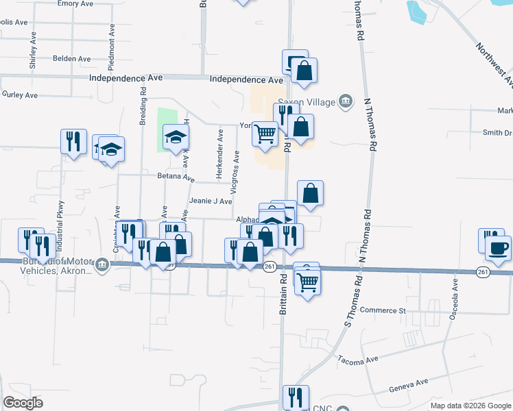 map of restaurants, bars, coffee shops, grocery stores, and more near 1469 Alphada Avenue in Akron