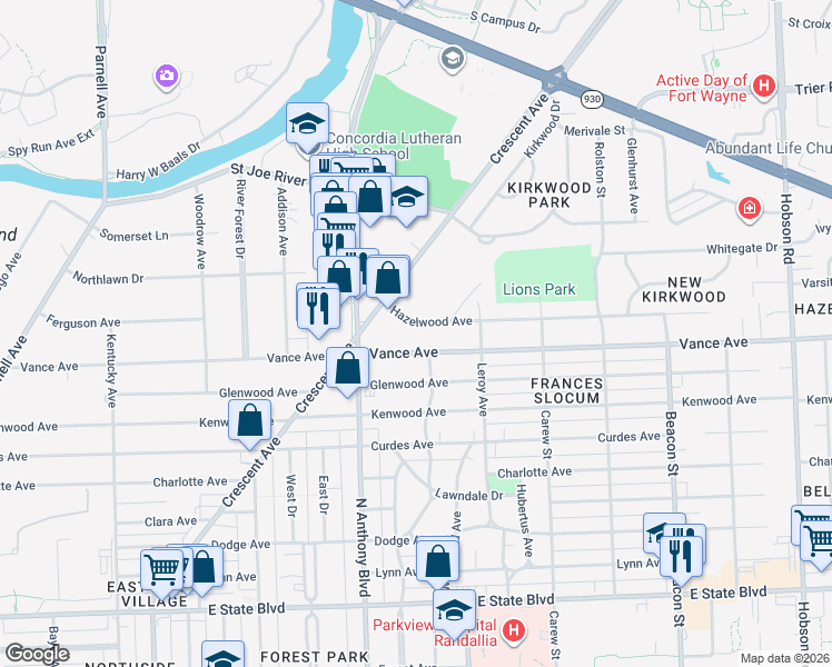 map of restaurants, bars, coffee shops, grocery stores, and more near 1900 Hazelwood Avenue in Fort Wayne