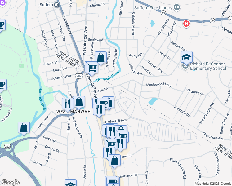map of restaurants, bars, coffee shops, grocery stores, and more near 1025 Cumberland Court in Mahwah