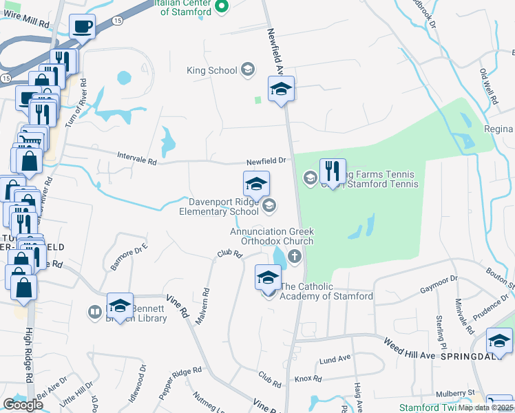 map of restaurants, bars, coffee shops, grocery stores, and more near 1300 Newfield Avenue in Stamford