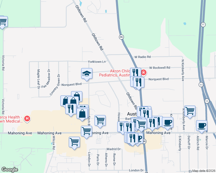map of restaurants, bars, coffee shops, grocery stores, and more near 128 Howard Avenue in Youngstown