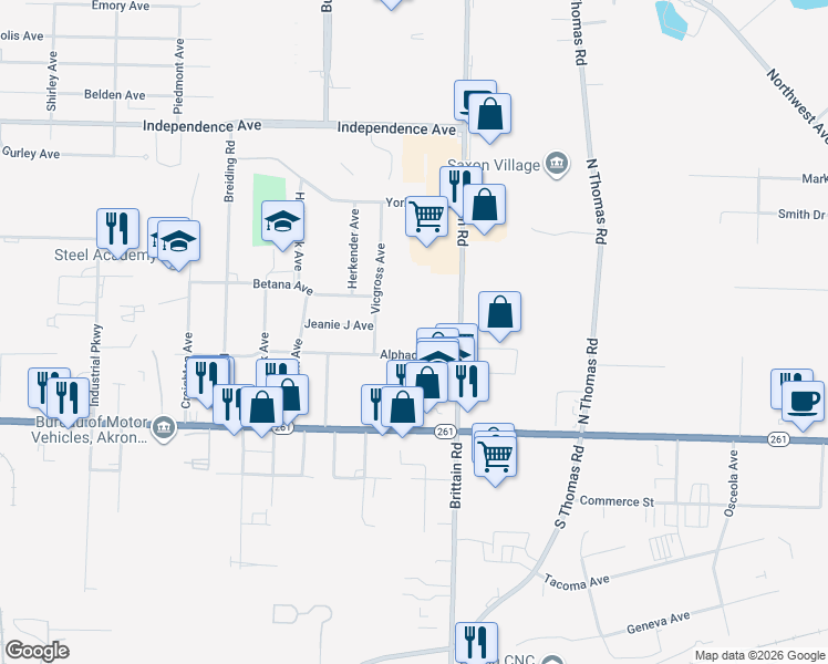 map of restaurants, bars, coffee shops, grocery stores, and more near 1469 Alphada Avenue in Akron