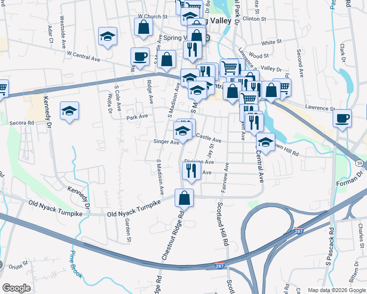 map of restaurants, bars, coffee shops, grocery stores, and more near 89 S Main St in Spring Valley