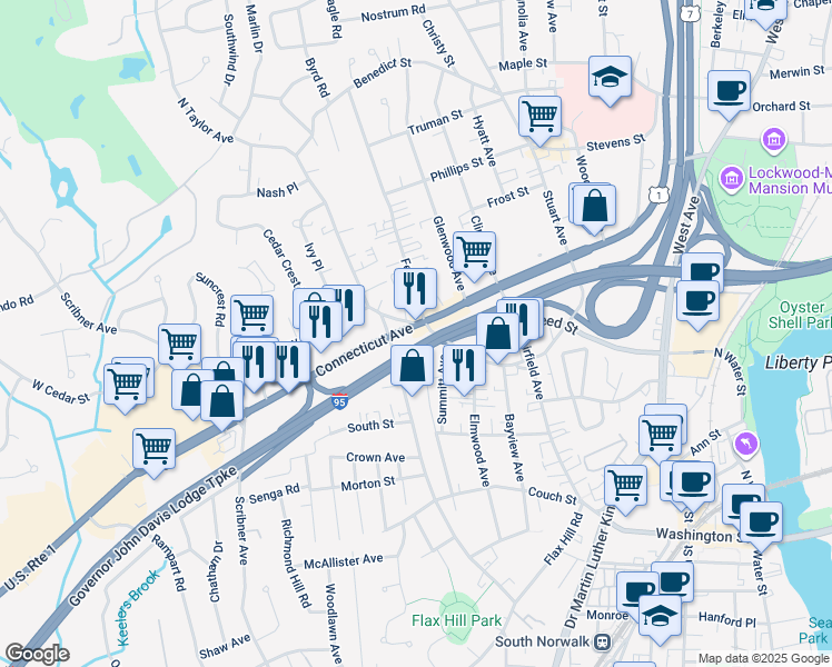 map of restaurants, bars, coffee shops, grocery stores, and more near 137 Connecticut Avenue in Norwalk