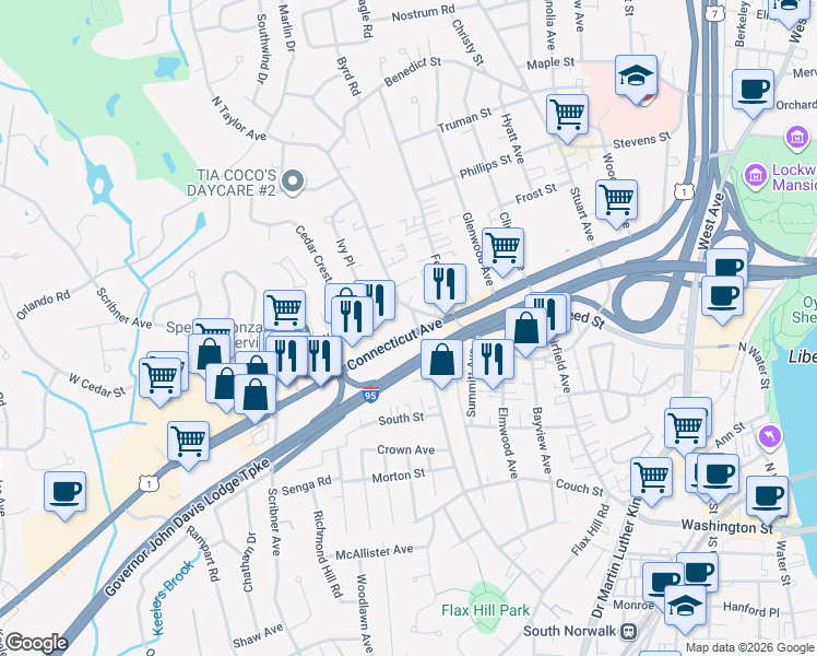 map of restaurants, bars, coffee shops, grocery stores, and more near 151 Connecticut Avenue in Norwalk