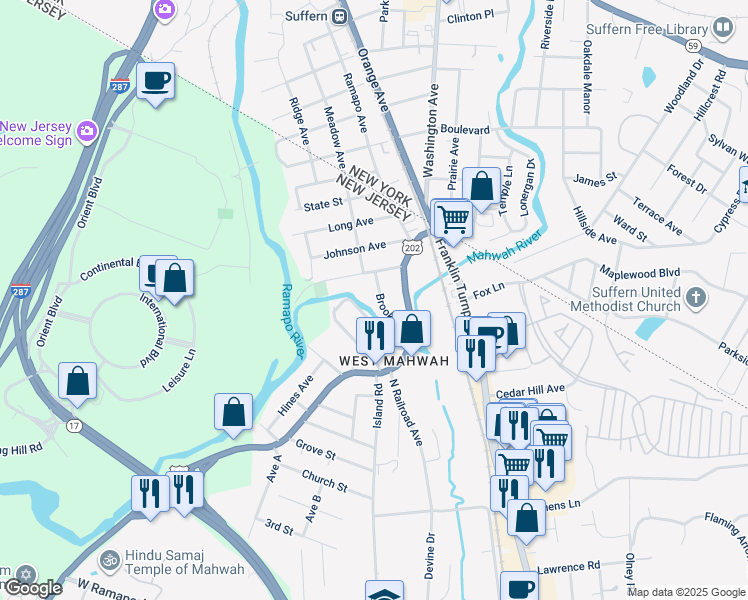 map of restaurants, bars, coffee shops, grocery stores, and more near 12 Brook Street in Mahwah