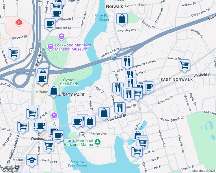 map of restaurants, bars, coffee shops, grocery stores, and more near 55 Osborne Avenue in Norwalk
