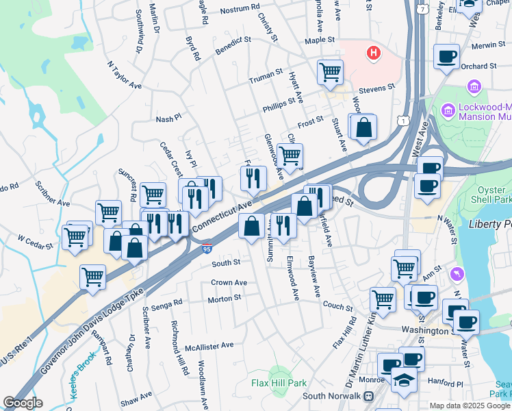 map of restaurants, bars, coffee shops, grocery stores, and more near 137 Connecticut Avenue in Norwalk