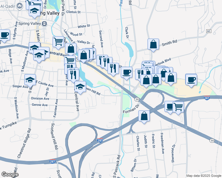 map of restaurants, bars, coffee shops, grocery stores, and more near 150 Town Hill Condominium in Nanuet