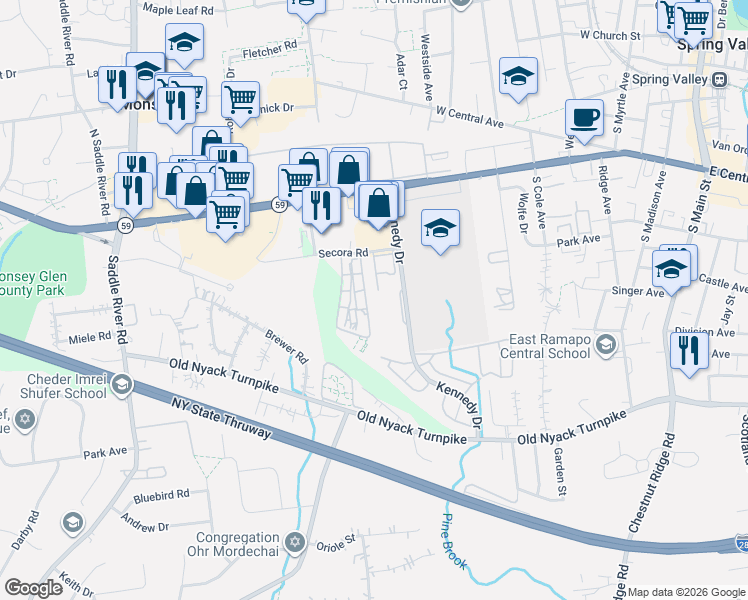 map of restaurants, bars, coffee shops, grocery stores, and more near 7 Secora Road in Monsey
