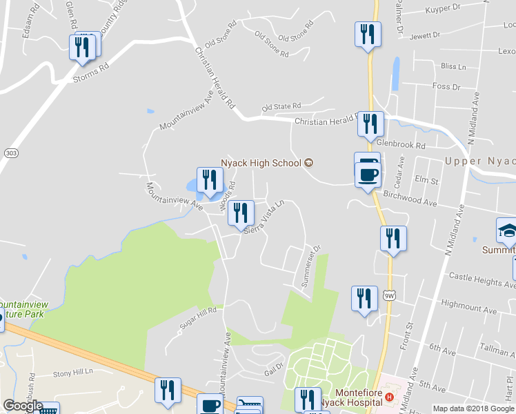map of restaurants, bars, coffee shops, grocery stores, and more near 123 Sierra Vista Lane in Valley Cottage
