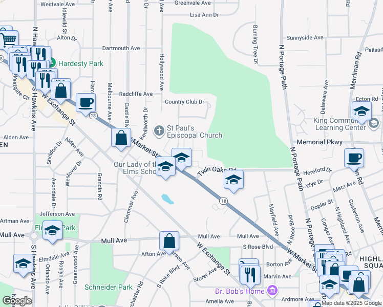 map of restaurants, bars, coffee shops, grocery stores, and more near 1280 Culpepper Drive in Akron