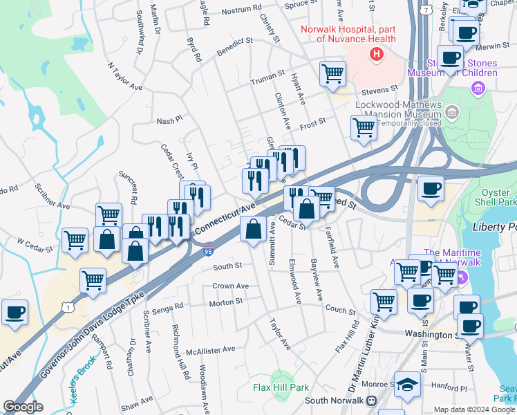 map of restaurants, bars, coffee shops, grocery stores, and more near 137 Connecticut Avenue in Norwalk