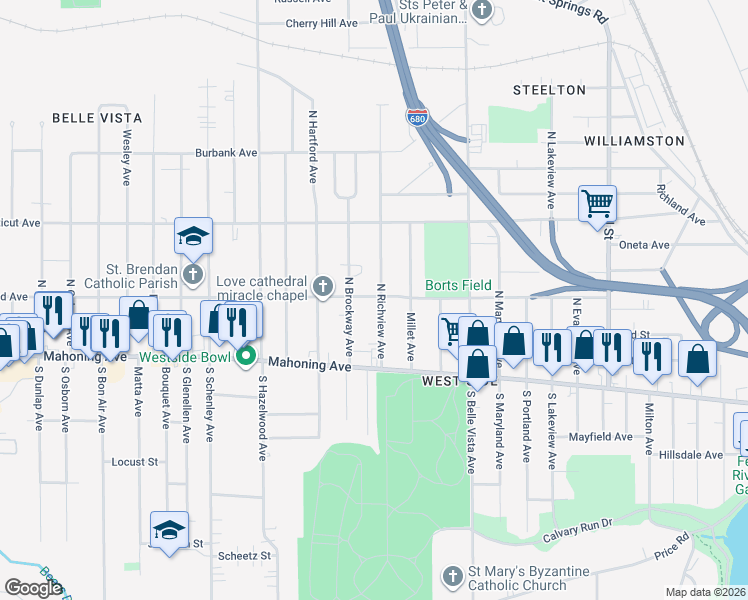 map of restaurants, bars, coffee shops, grocery stores, and more near 67 North Richview Avenue in Youngstown