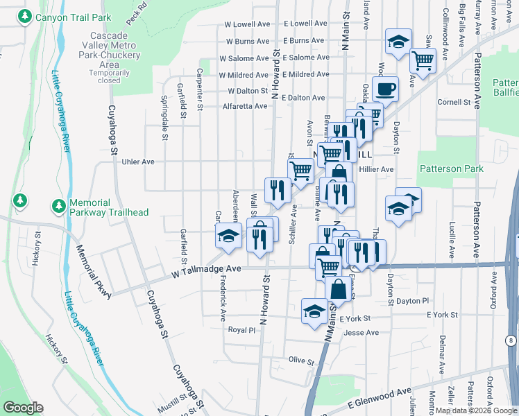 map of restaurants, bars, coffee shops, grocery stores, and more near 697 Wall Street in Akron