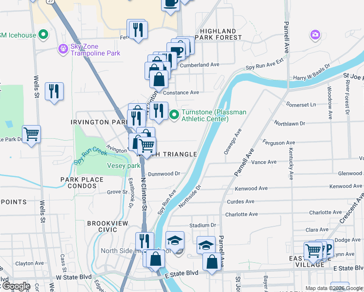 map of restaurants, bars, coffee shops, grocery stores, and more near 421 Dalgren Avenue in Fort Wayne