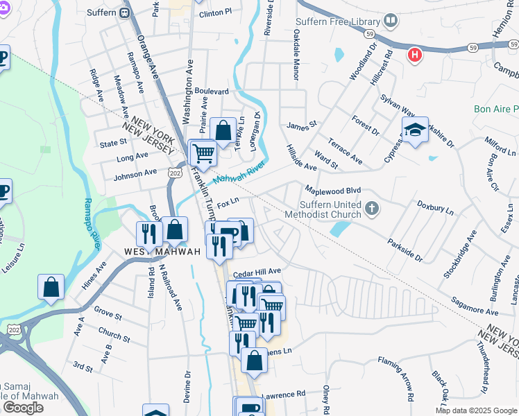 map of restaurants, bars, coffee shops, grocery stores, and more near 1042 Cumberland Court in Mahwah