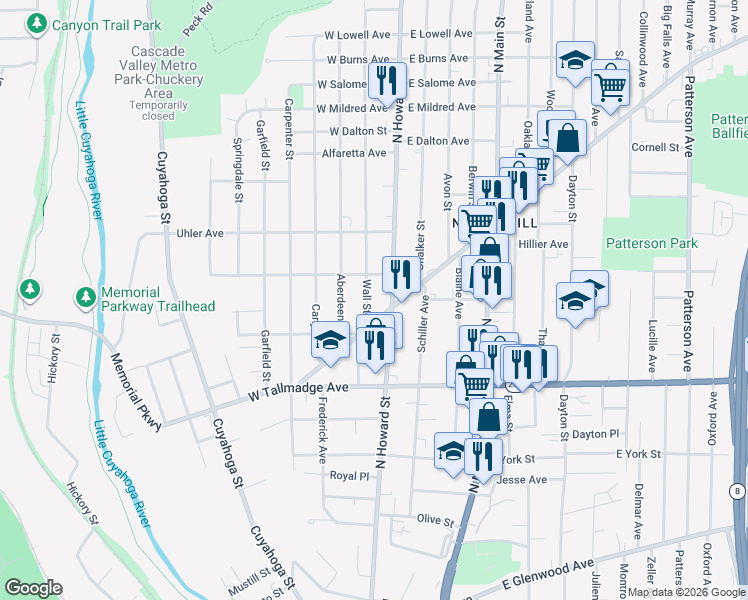 map of restaurants, bars, coffee shops, grocery stores, and more near 697 Wall Street in Akron