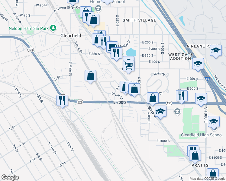map of restaurants, bars, coffee shops, grocery stores, and more near 544 South 425 East in Clearfield